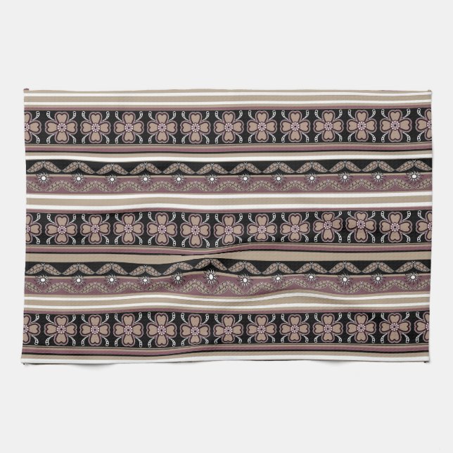 Brown black mexican ornament stripes kitchen towel (Horizontal)