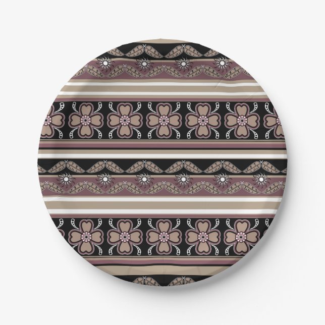 Brown black mexican ornament stripes paper plates (Front)