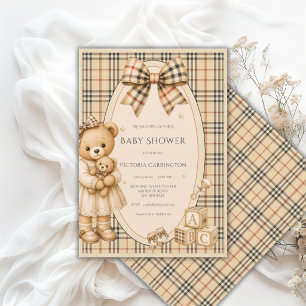 Brown Black Plaid Teddy Bear Baby Shower Invitation