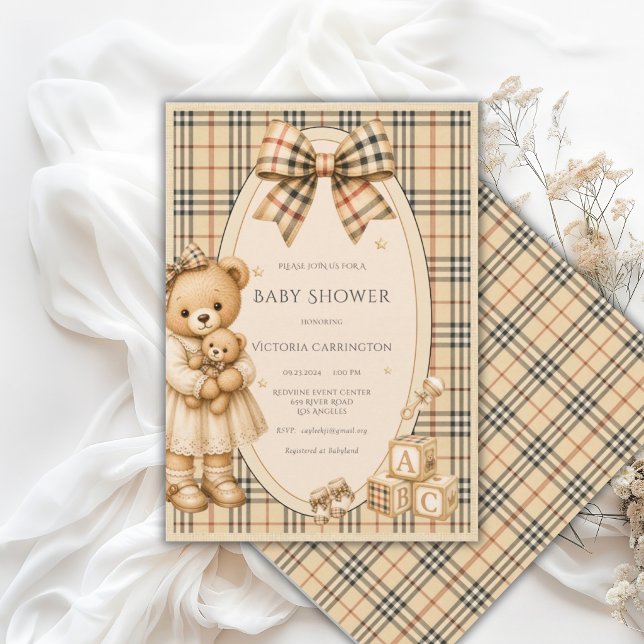Brown Black Plaid Teddy Bear Baby Shower Invitation (Creator Uploaded)