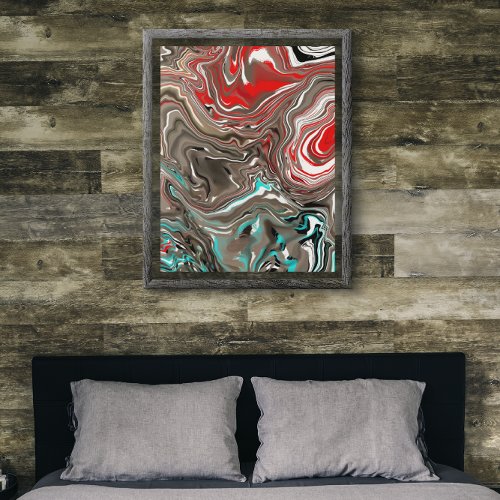 Brown Black Red and Teal Fluid Art Poster