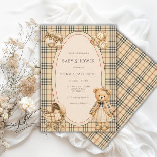 Brown Black Red Plaid Teddy Bear Vinttage Baby Invitation