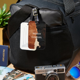Brown Black Southwest Faux Cowhide Luggage Tag