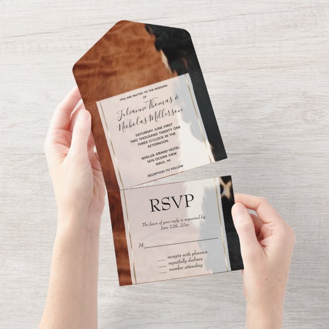 Brown Black Southwest Faux Cowhide Wedding All In One Invitation (Tearaway)