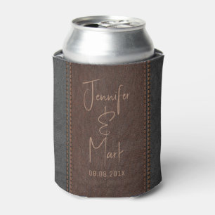 Brown & Black Stitched Leather Custom Text Can Cooler