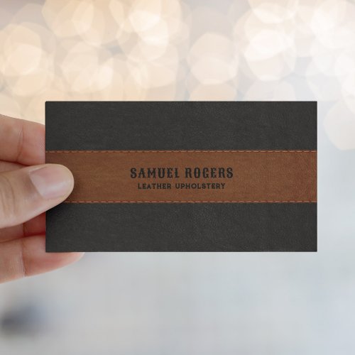 Brown Black Stitched Leather Texture Custom Text Business Card