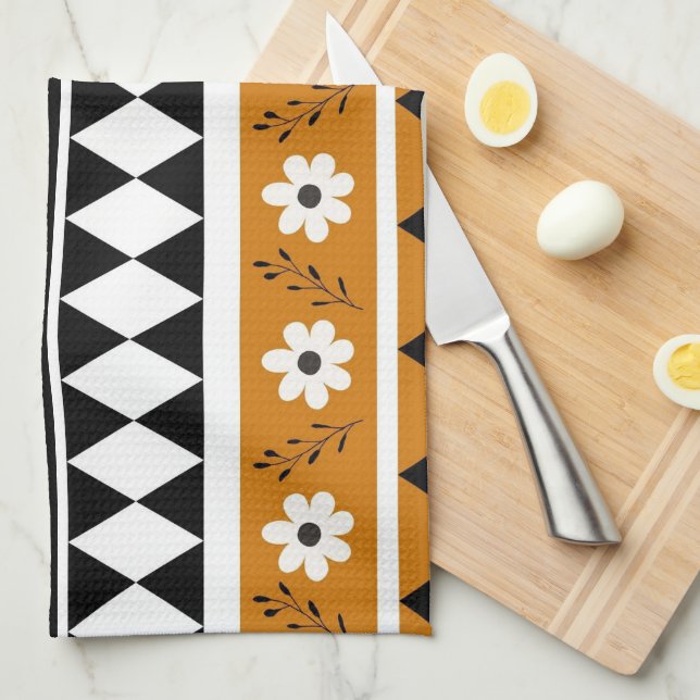Brown Black Stripe Tropical Floral Botanical  Kitchen Towel (Quarter Fold)