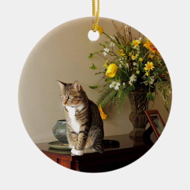 Brown black Tabby cat Sitting on piano flowers Ceramic Ornament (Front)