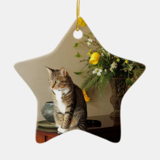 Brown black Tabby cat Sitting on piano flowers Ceramic Ornament