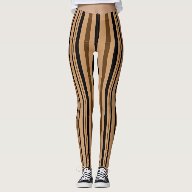 Brown Black Tan Beige Stripes Pattern Leggings (Front)