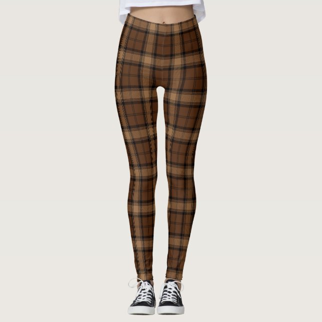 Brown Black Tartan Plaid Scottish Kilt Pattern Leggings (Front)