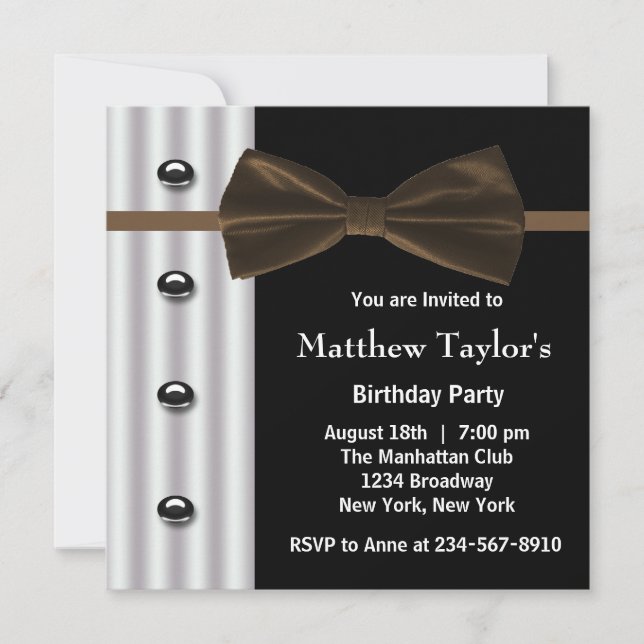 Brown Black Tuxedo Bow Tie Mens Birthday Party Invitation (Front)