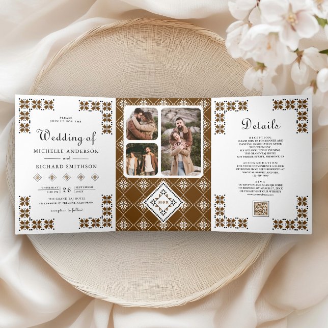 Brown Black Ukrainian Embroidery QR Code Wedding Tri-Fold Invitation (Creator Uploaded)