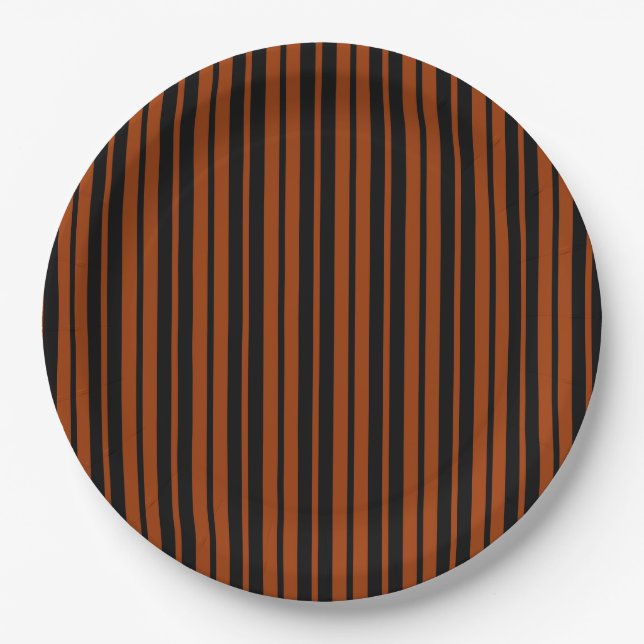 Brown Black Vertical Stripes Pattern Design Paper Plates (Front)