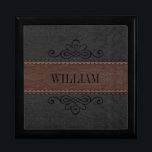 Brown & Black Vintage Leather Texture Jewelry Box<br><div class="desc">Elegant image of brown and black vintage leather texture with stitches effect. Customizable monogram in black with calligraphic black swirls design element.</div>
