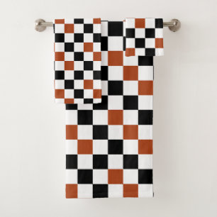Brown Black White Checkered Pattern Design Bath Towel Set