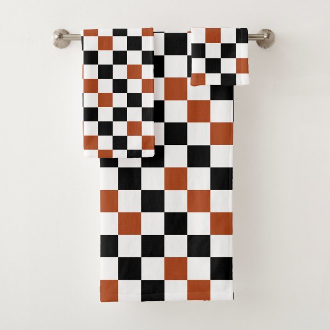 Brown Black White Checkered Pattern Design  Bath Towel Set (Insitu)