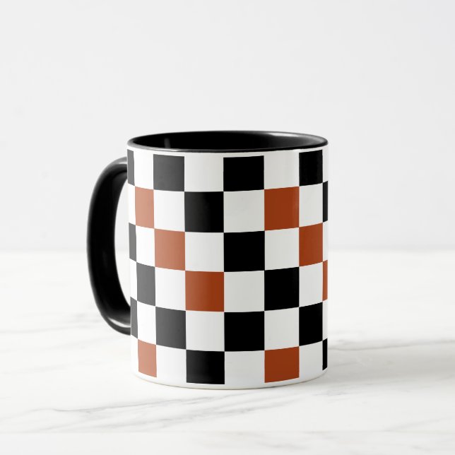 Brown Black White Checkered Pattern Design  Mug (Front Left)
