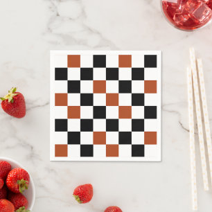 Brown Black White Checkered Pattern Design Napkins