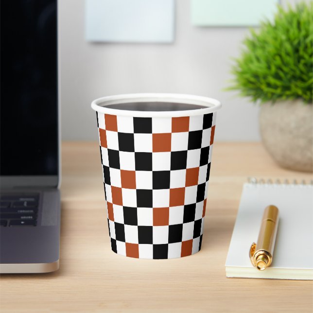 Brown Black White Checkered Pattern Design  Paper Cups (Insitu)