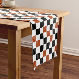 Brown Black White Checkered Pattern Design Short Table Runner