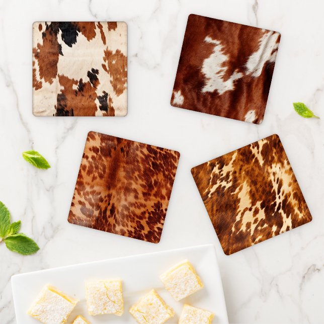 Brown Black White Cowhide Coaster Set (In Situ)