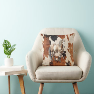 Brown Black White Cowhide Horse Throw Pillow