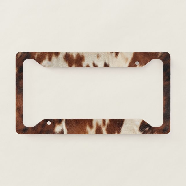 Brown Black White Cowhide License Plate Frame (Front)