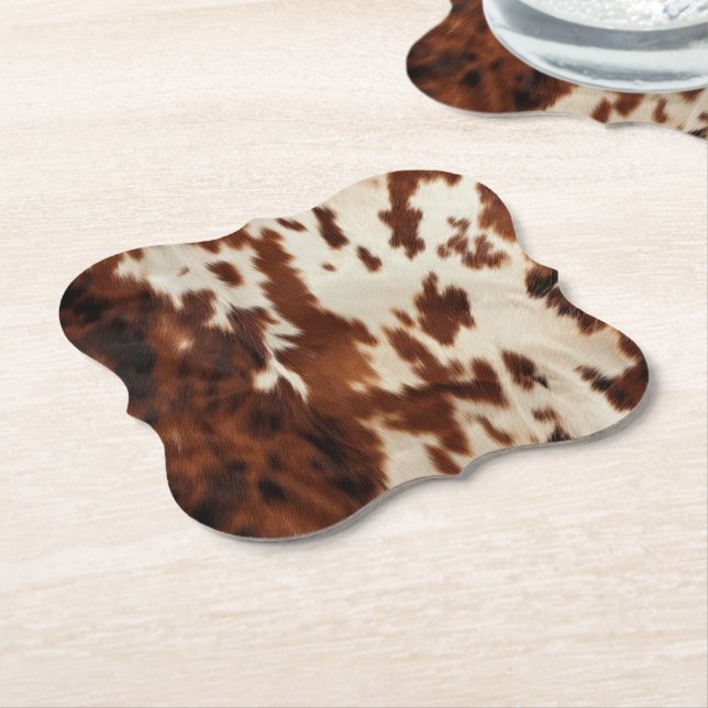 Brown Black White Cowhide Paper Coaster (Angled)