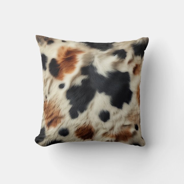 Brown Black White Cowhide Print Country Western Throw Pillow (Front)
