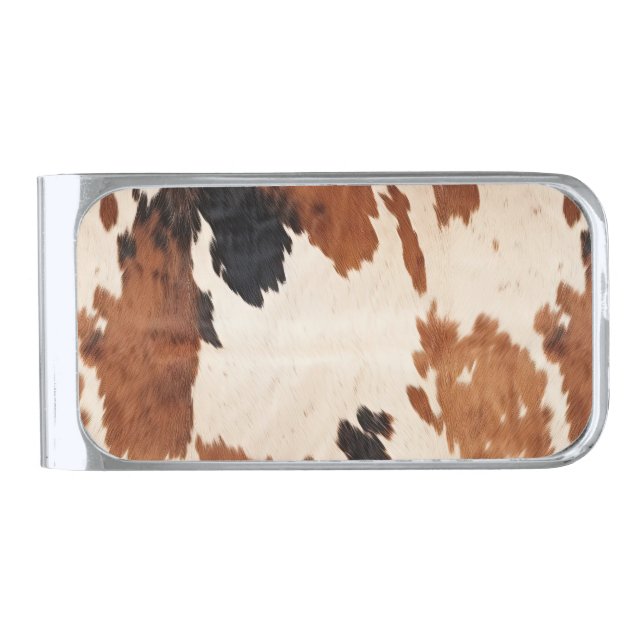 Brown Black White Cowhide Silver Finish Money Clip (Front)