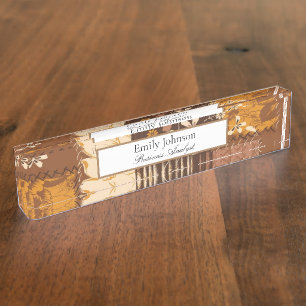 brown black white cube flowers desk name plate