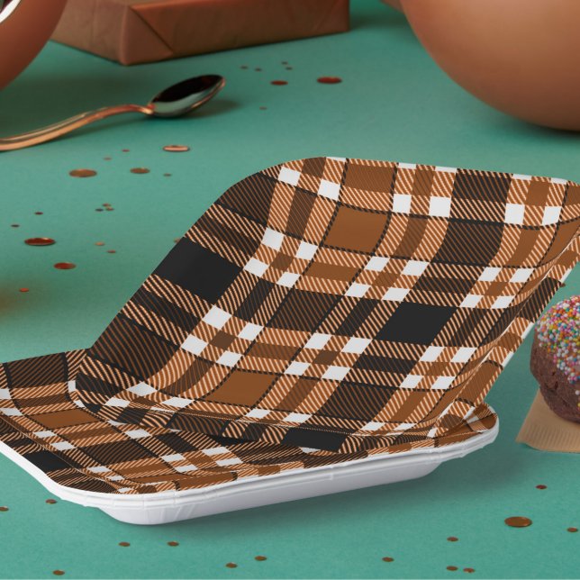 Brown Black White Flannel Tartan Pattern Design  Paper Plates (Creator Uploaded)