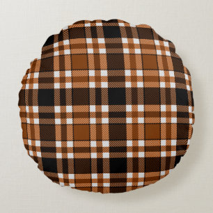 Brown Black White Flannel Tartan Pattern Design Round Pillow