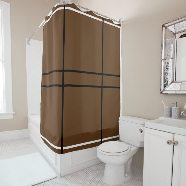 Brown Black White Geometric Lines Shower Curtain (In Situ)