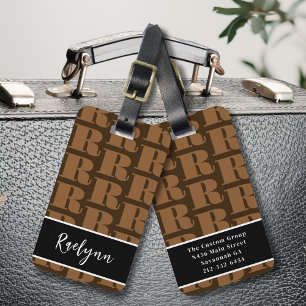 Brown Black White Modern Monogram Initial Letter Luggage Tag