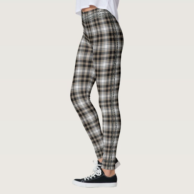 Brown Black White Tartan Plaid Chain Trim Leggings (Left)