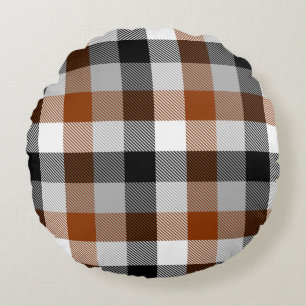 Brown Black White Twill Gingham Design Round Pillow