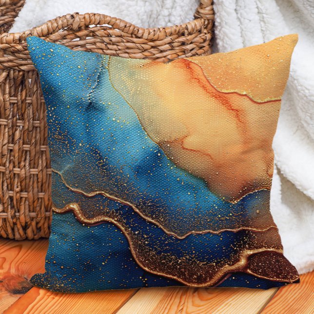 Brown Blue Abstract Alcohol Ink Artistic Throw Pillow (Teal/blue and orange marbled abstract decorator pillow)
