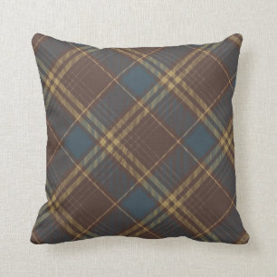 Brown Blue Argyle Plaid Rustic Pattern Throw Pillow