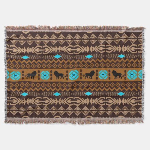 Brown Blue  Beige African Lion tribal Pattern Throw Blanket