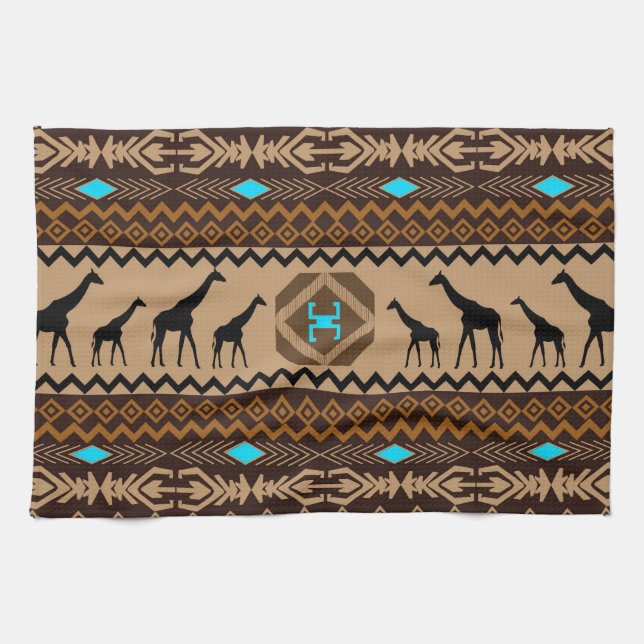 Brown Blue & Beige African Pattern & Giraffe Towel (Horizontal)
