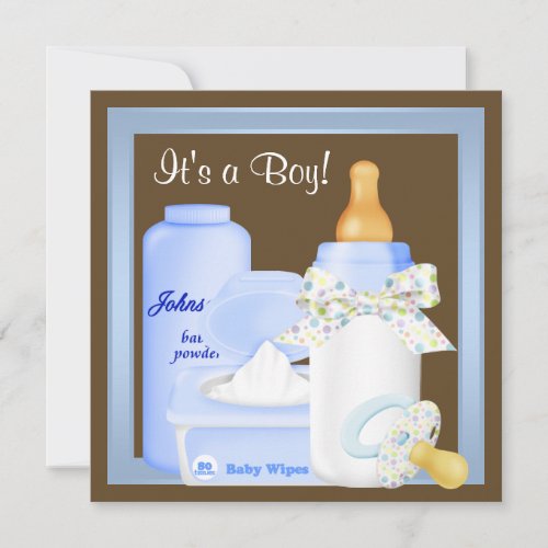 Brown Blue Bottle Pacifier Baby Boy Shower Custom Invitation