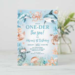 Brown Blue Boys Oneder the Sea 1st Birthday Invitation