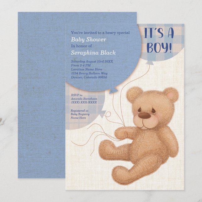 Brown Blue Boys Teddy Bear Baby Shower Invitation (Front/Back)
