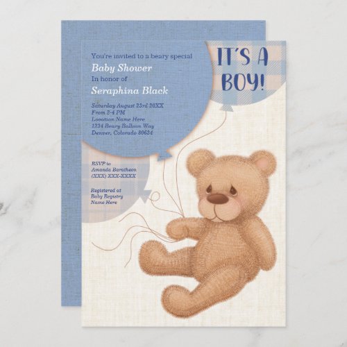 Brown Blue Boys Teddy Bear Baby Shower Invitation