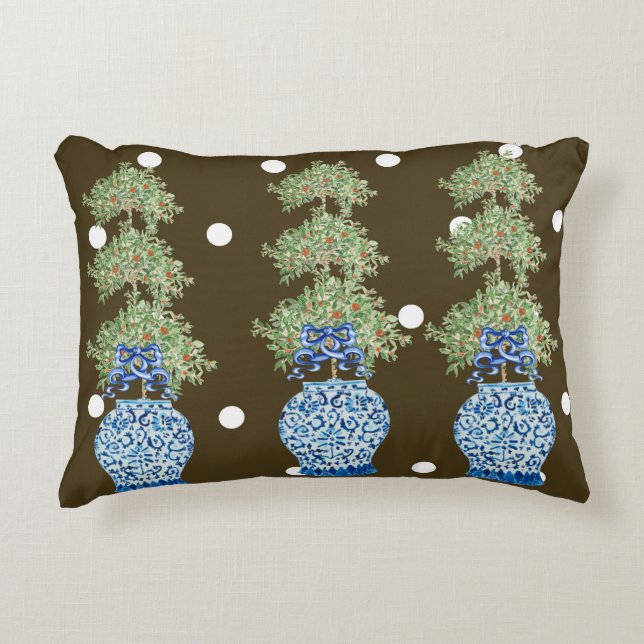Brown Blue Chinoiserie Orange Topiary  Accent Pillow (Front)