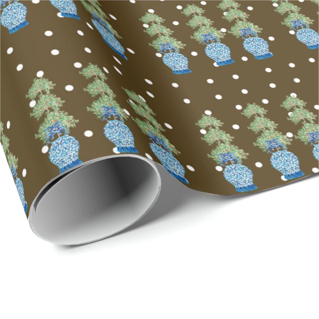 Brown Blue Chinoiserie Orange Topiary  Wrapping Paper (Roll Corner)