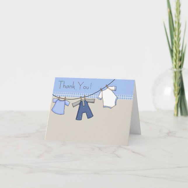 Brown Blue Clothesline Baby Boy Thank You Cards (Front)