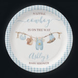Brown Blue Cothesline Cowboy Baby Shower  Paper Plates<br><div class="desc">Brown Blue Cothesline Cowboy Baby Shower Paper Plate

Cowboy themed clothesline baby shower paper plate for a baby boy featuring some blue flowering cactus,  cowboy boots,  cowboy hat,  bib,  and baby outfit.  This little cowboy baby shower paper plate also features a modern calligraphy heading in baby blue.</div>